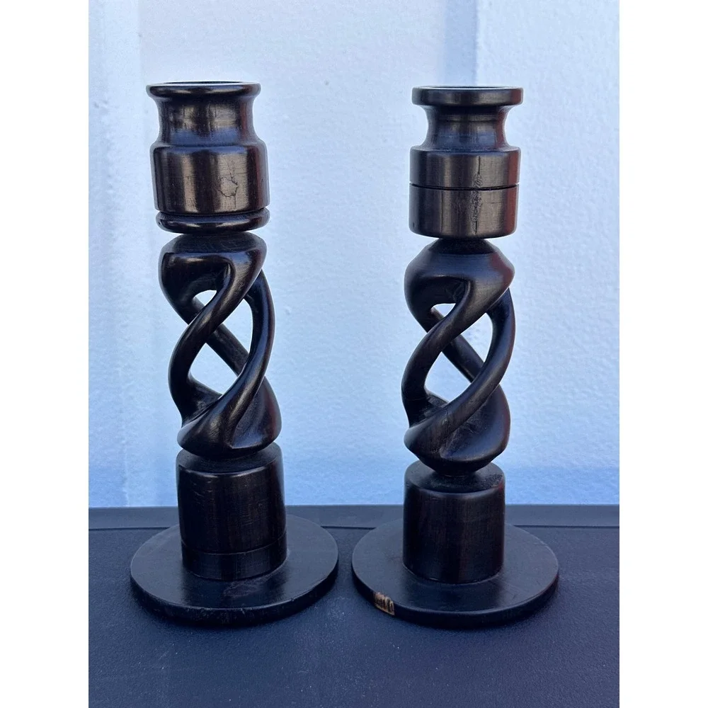 Vintage Hand Carved Wood Double Helix Spiral Candle Holders Pair Dark Brown 7